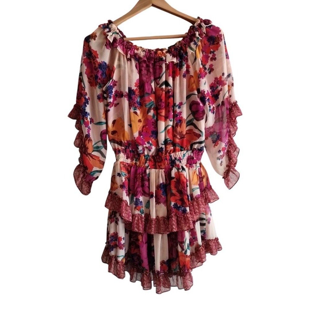 MISA Los Angeles Kailey Mini Floral Dress Pink Ruffles Tiered Party Women's S